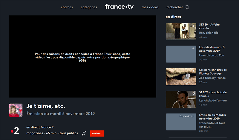 Message d'erreur France 2 au Royaume-Uni
